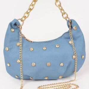 Denim Stone Stud Chain Handle Bag